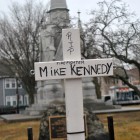 A memorial to Boston Fire Firefighters Ed Walsh and Michael Kennedy, who died fighting a Back Bay fire on Wednesday, has been put up at the Soldiers' Monument in Jamaica Plain.