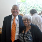 File photo: Wayne Ysaguirre, left, and Mildred Hailey, longtime leader emeritus of the Bromley-Heath Tenant Management Corp., at the ribbon-cutting for Nurtury Learning Lab on June 16, 2014.