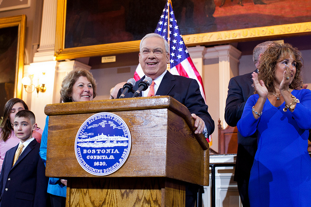 In this photo, taken by Eric Haynes of the Governor’s Office, Mayor Tom Menino smiles on the day he announced he’d be retiring.