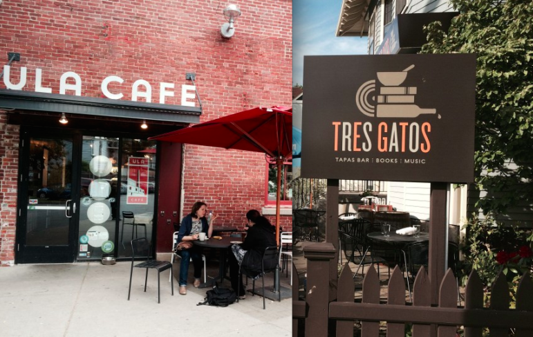 Left: The patio at Ula Cafe. Right: The patio at Tres Gatos.